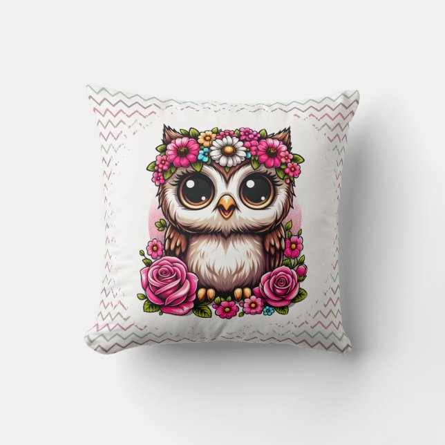 Fluffy Owl with Daisy & Rose Crown  Throw Pillow (Front)