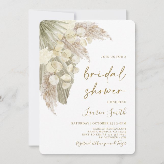 Fluffy pampas dried palms lunaria Bridal Shower Invitation (Front)