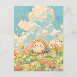 Fluffy Peach Cloud Kawaii Hedgehog Meadow Postcard