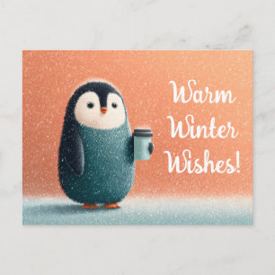 Fluffy Penguin Holding Coffee Cup in a Snowstorm Holiday Postcard
