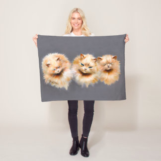 Fluffy Persian Cats Vintage Whimsical Art Throw Fleece Blanket