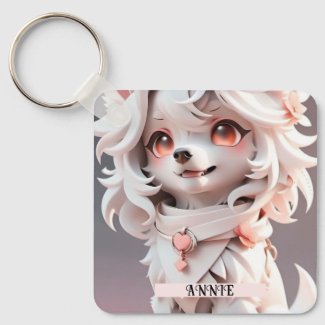 Fluffy Pink And White Puppy Custom Name Keychain
