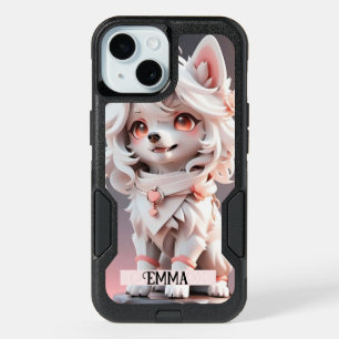 Fluffy Pink And White Puppy Kids Custom Name iPhone 15 Case