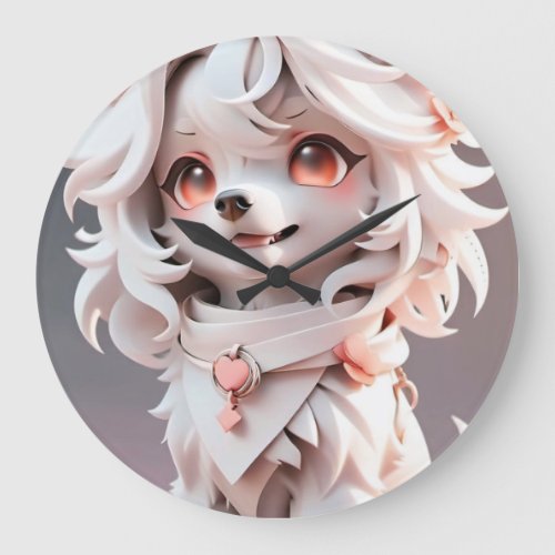 Fluffy Pink And White Puppy Large Clock