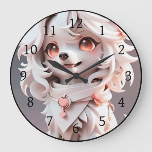 Fluffy Pink And White Puppy Large Clock