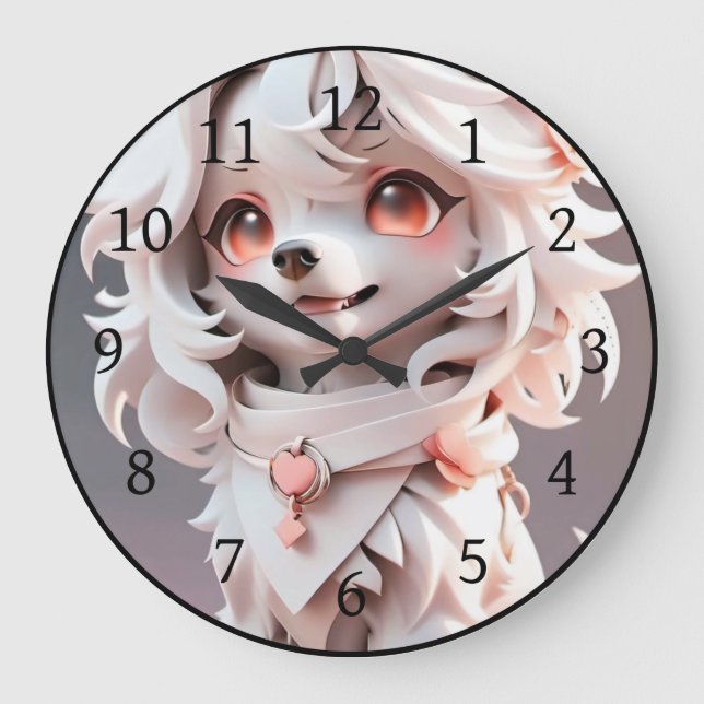 Fluffy Pink And White Puppy Large Clock (Front)