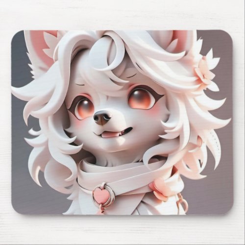 Fluffy Pink And White Puppy Mouse Pad