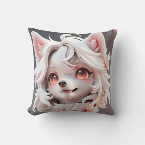 Fluffy Pink And White Puppy Throw Pillow
