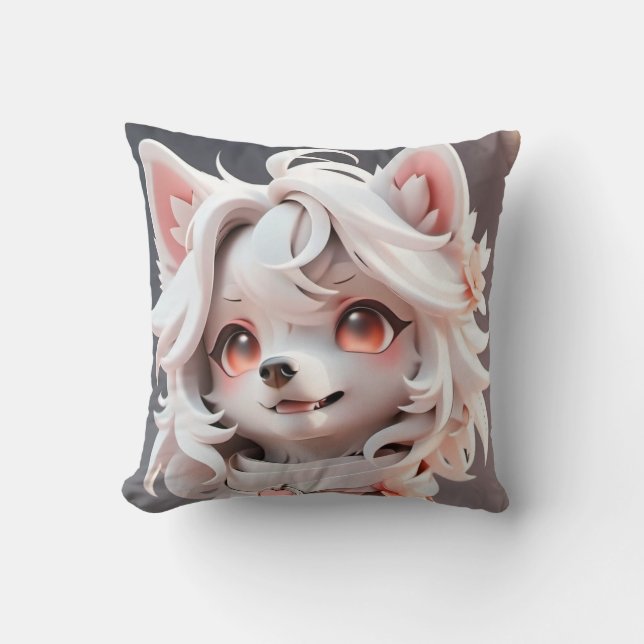 Fluffy Pink And White Puppy Throw Pillow (Front)