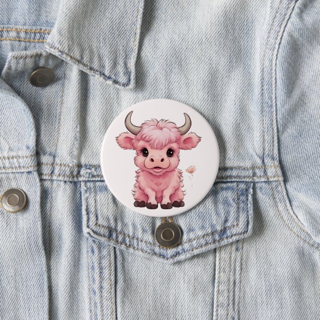 Fluffy Pink Highlands Scottish Cow Button (In Situ)