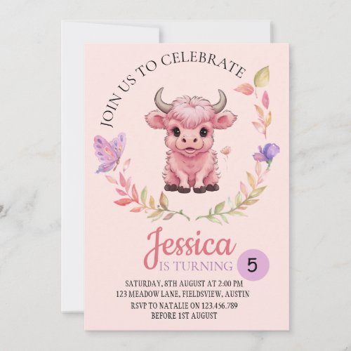 Fluffy Pink Highlands Scottish Cow Invitation