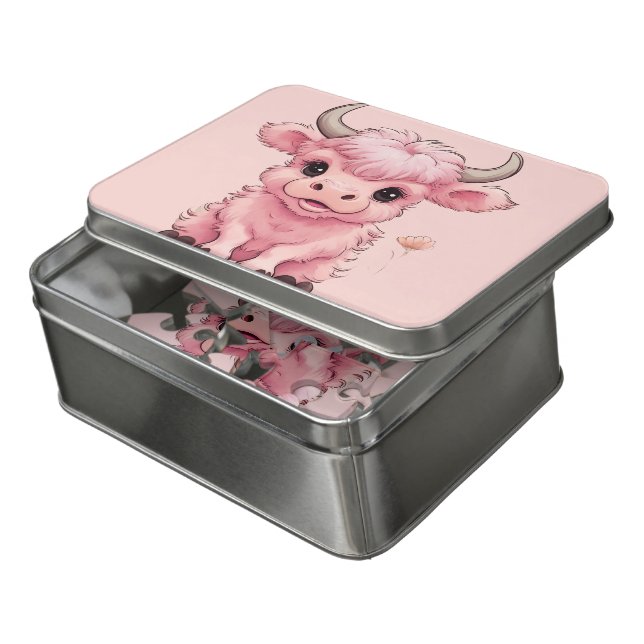 Fluffy Pink Highlands Scottish Cow Jigsaw Puzzle (Lid Open)