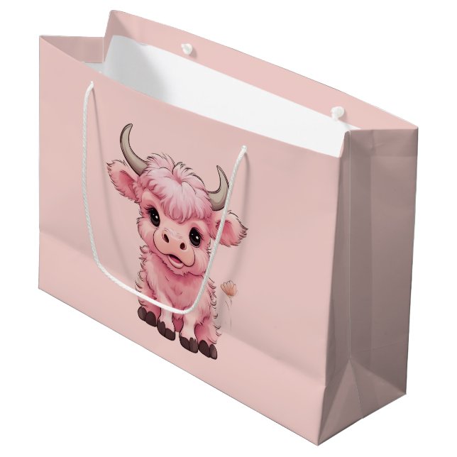 Fluffy Pink Highlands Scottish Cow Large Gift Bag (Front Angled)