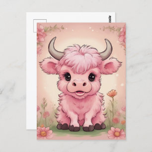 Fluffy Pink Highlands Scottish Cow Postcard