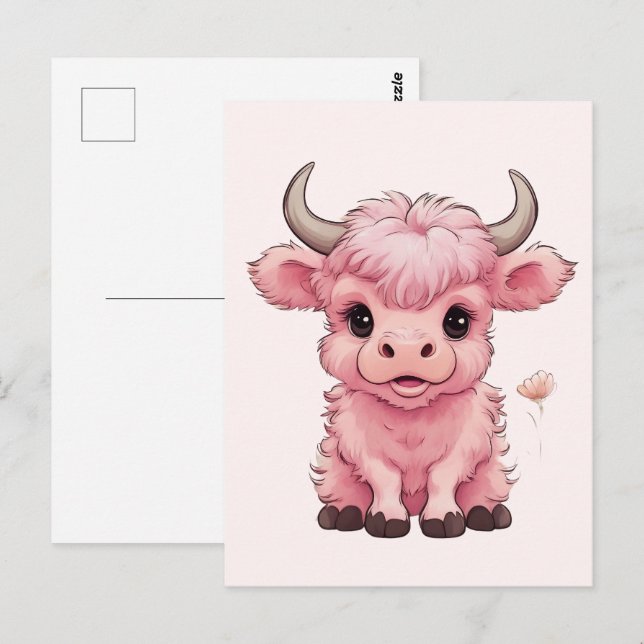 Fluffy Pink Highlands Scottish Cow Postcard (Front/Back)
