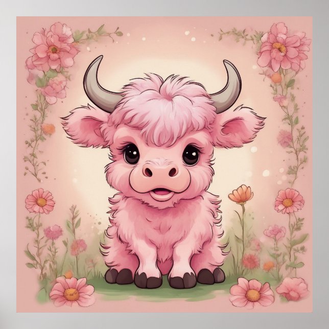 Fluffy Pink Highlands Scottish Cow Poster (Front)