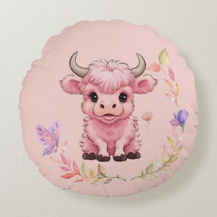 Fluffy Pink Highlands Scottish Cow Round Pillow