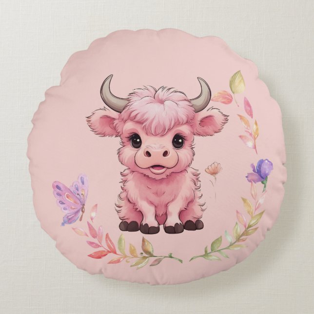 Fluffy Pink Highlands Scottish Cow Round Pillow (Front)