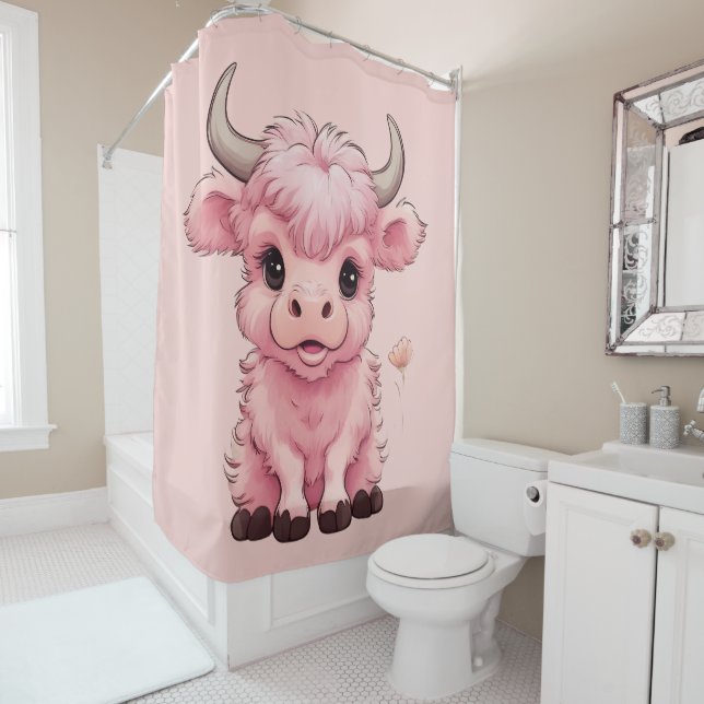 Fluffy Pink Highlands Scottish Cow Shower Curtain (In Situ)