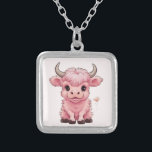 Fluffy Pink Highlands Scottish Cow Silver Plated Necklace<br><div class="desc">Fluffy Pink Highlands Scottish Cow,  this design features a cute and Fluffy Pink Highlands Scottish Cow with dreamy eyes,  surrounded by flowers.</div>
