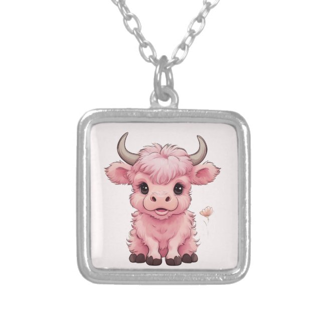 Fluffy Pink Highlands Scottish Cow Silver Plated Necklace (Front)