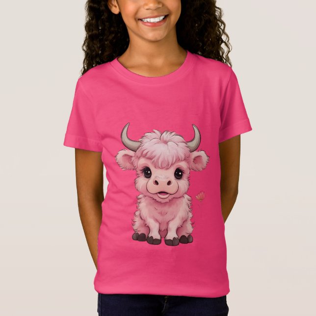 Fluffy Pink Highlands Scottish Cow T-Shirt (Front)