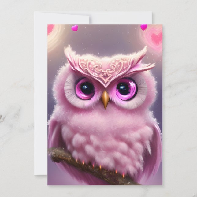 Fluffy Pink Owl with Hearts Holiday Card (Front)