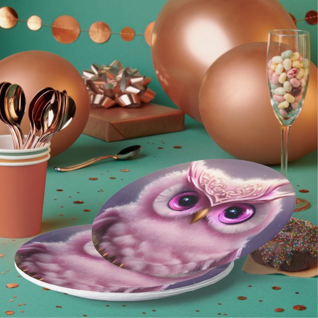 Fluffy Pink Owl with Hearts Paper Plates (Multi)