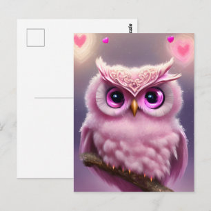 Fluffy Pink Owl with Hearts Postcard