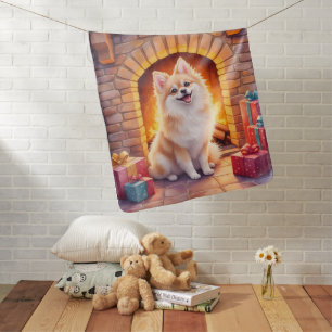 Fluffy Pomeranian Cozy Christmas Fireplace Dog Art Baby Blanket