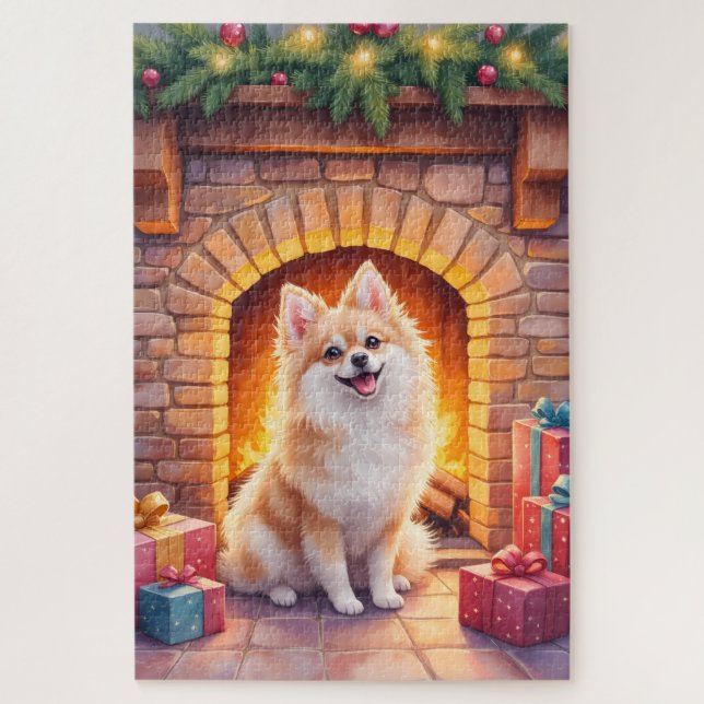 Fluffy Pomeranian Cozy Christmas Fireplace Dog Art Jigsaw Puzzle (Vertical)