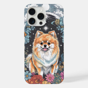 Fluffy Pomeranian Surrounded by Colorful Floral iPhone 15 Pro Max Case