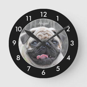 Fluffy Pug Dog Personalized Black Border Round Clock