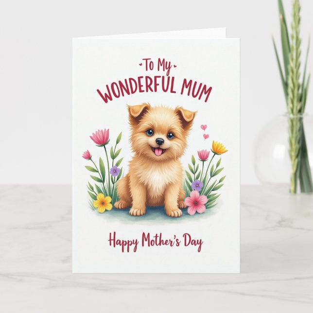 Fluffy Pup Mothers Day Floral Card (Front)