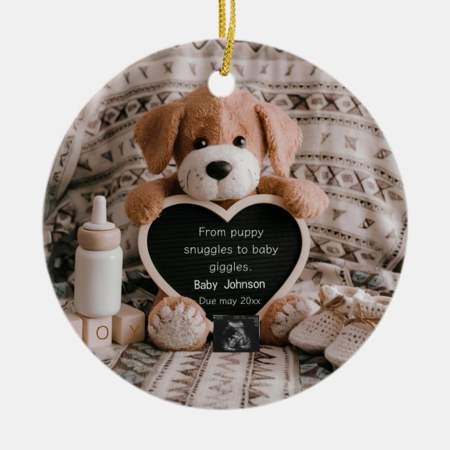 Fluffy Puppy Baby boy and pregnancy announcement Ceramic Ornament (Front)