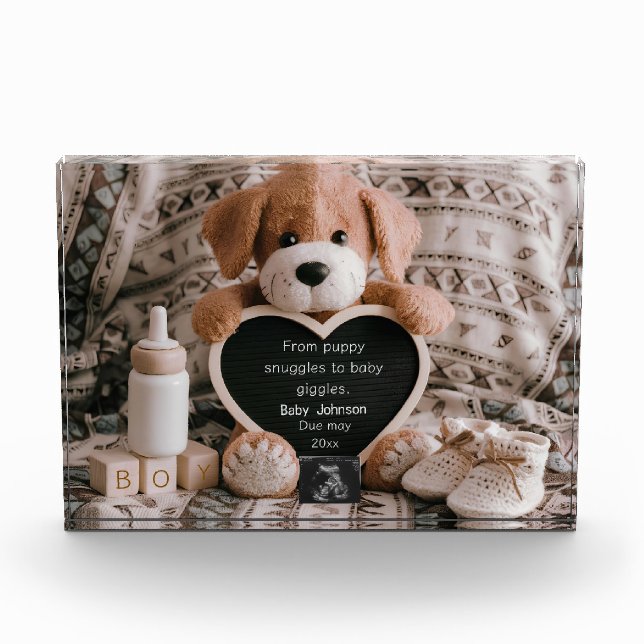 Fluffy Puppy Baby boy and pregnancy announcement Photo Block (Front)
