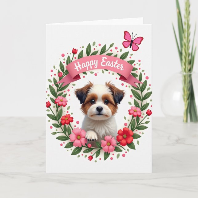 Fluffy Puppy Floral Birthday Card (Front)