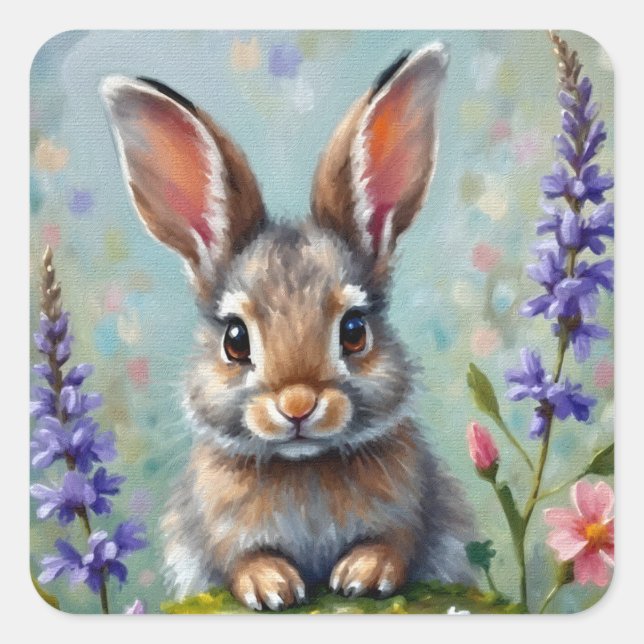 Fluffy Rabbit in a Field of Flowers Square Sticker (Front)