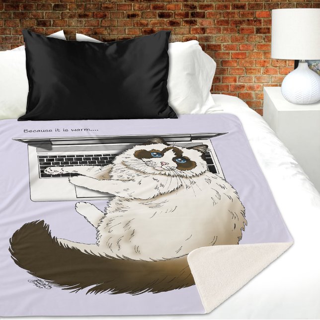Fluffy Ragdoll Cat Lavender Laptop Funny Sherpa Blanket (Creator Uploaded)