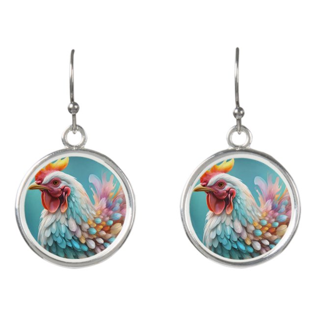Fluffy Rainbow Pastel Colored Chicken, Earrings (Front)
