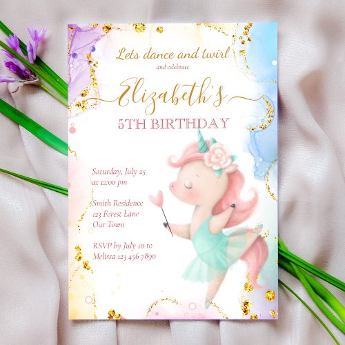 Fluffy rainbow unicorn ballerina birthday party invitation
