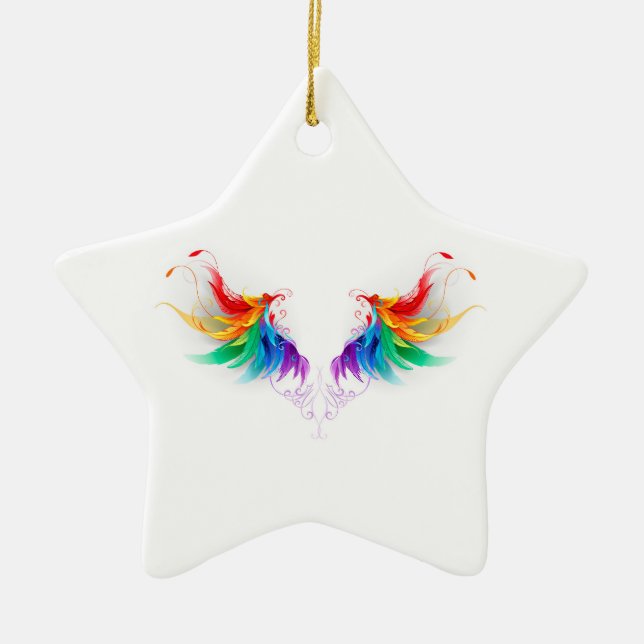 Fluffy Rainbow Wings Ceramic Ornament (Front)