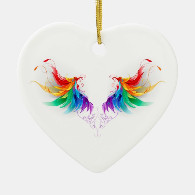 Fluffy Rainbow Wings Ceramic Ornament (Front)