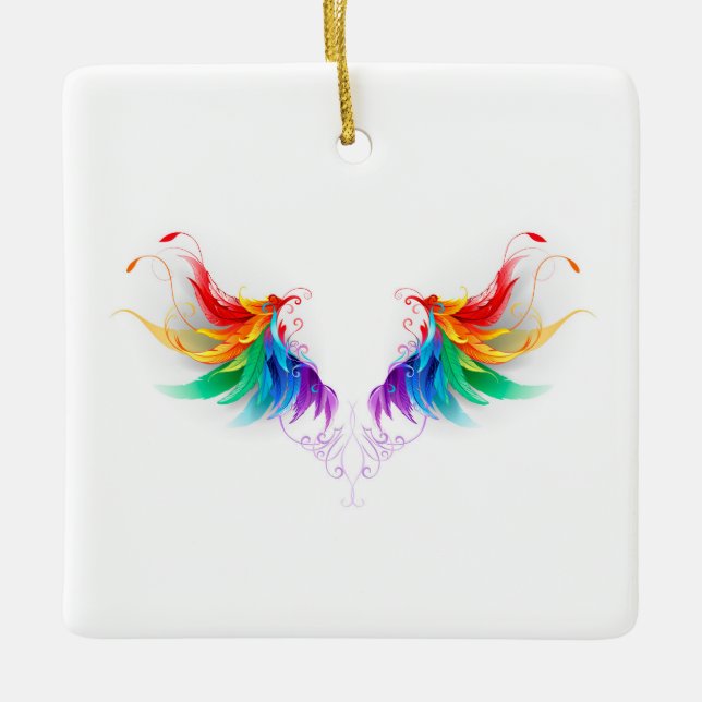 Fluffy Rainbow Wings Ceramic Ornament (Front)