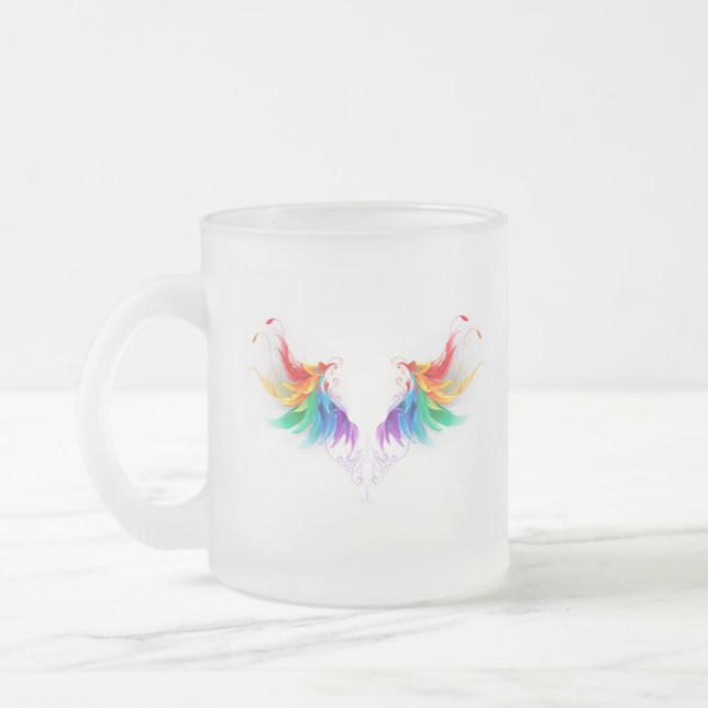 Fluffy Rainbow Wings Frosted Glass Coffee Mug (Left)