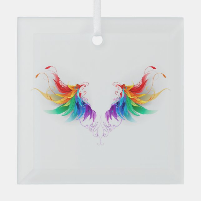 Fluffy Rainbow Wings Glass Ornament (Front)