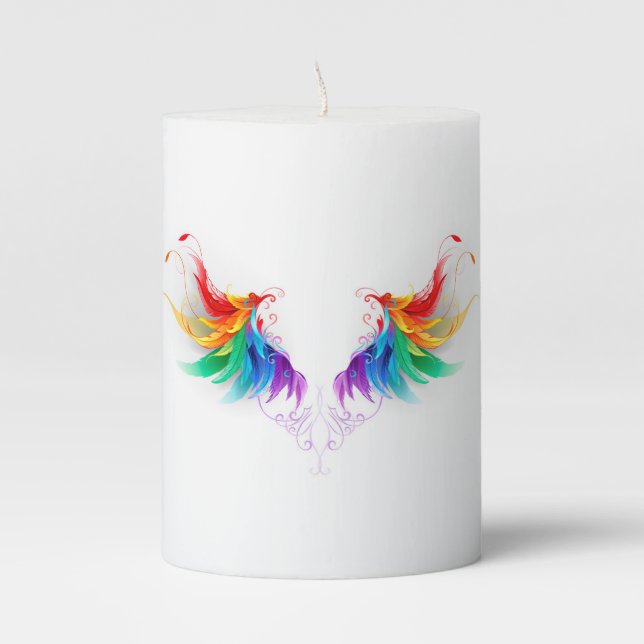 Fluffy Rainbow Wings Pillar Candle (Front)