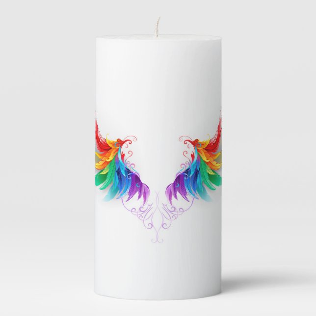 Fluffy Rainbow Wings Pillar Candle (Front)