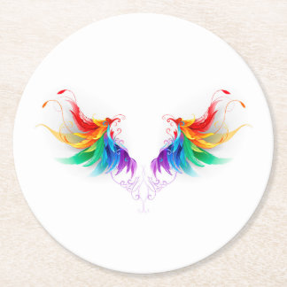 Fluffy Rainbow Wings Round Paper Coaster