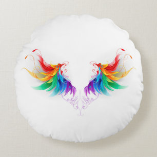 Fluffy Rainbow Wings Round Pillow